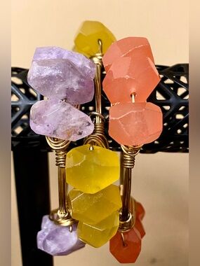 Bourbon and Boweties Bangles, Raw Amethyst Carnelian, & Amber in Brass Wire EUC